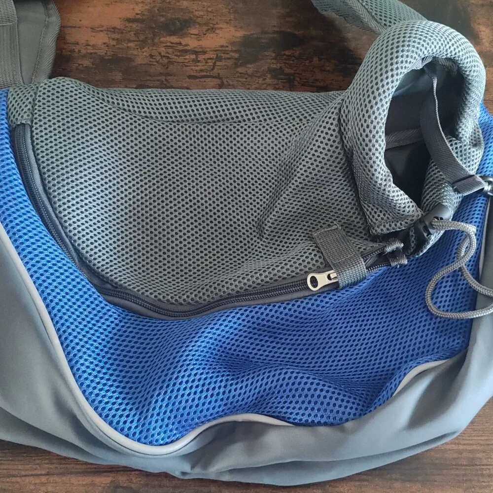 Gray & Blue Mesh Pet Sling Carrier – Adjustable Strap – Small Pet Travel Bag